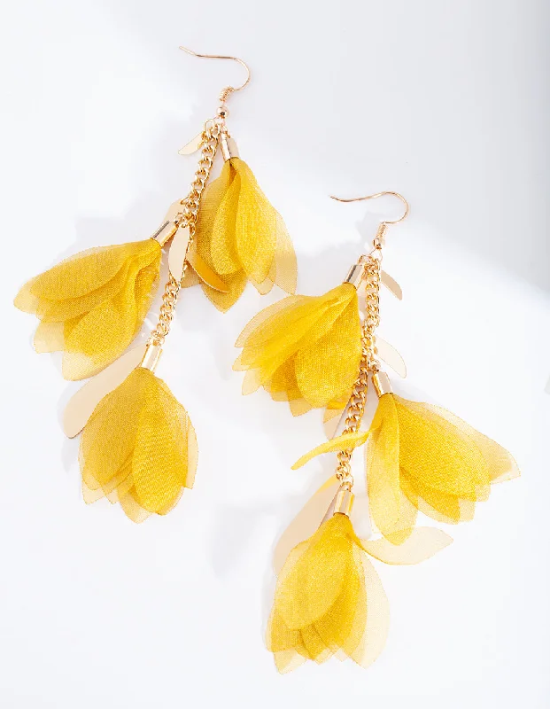 Unique Silver Earrings-Yellow Fabric Flowers Gold Earrings