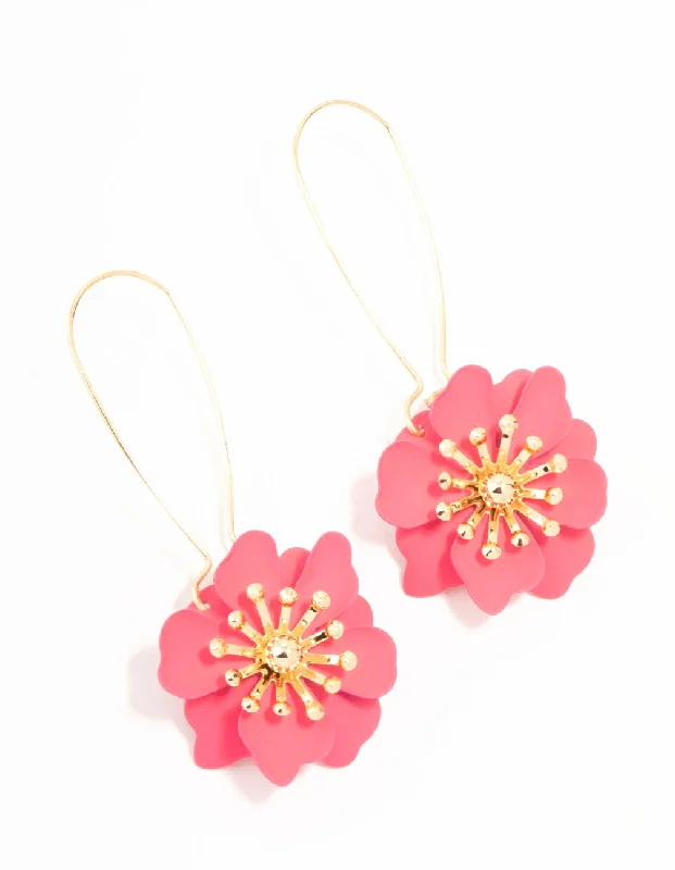 Gemstone Earrings-Pink Flower Long Drop Gold Earrings