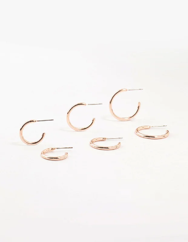 Colorful Crystal Earrings-Rose Gold Plated Thin Hoop Earrings 3-Pack