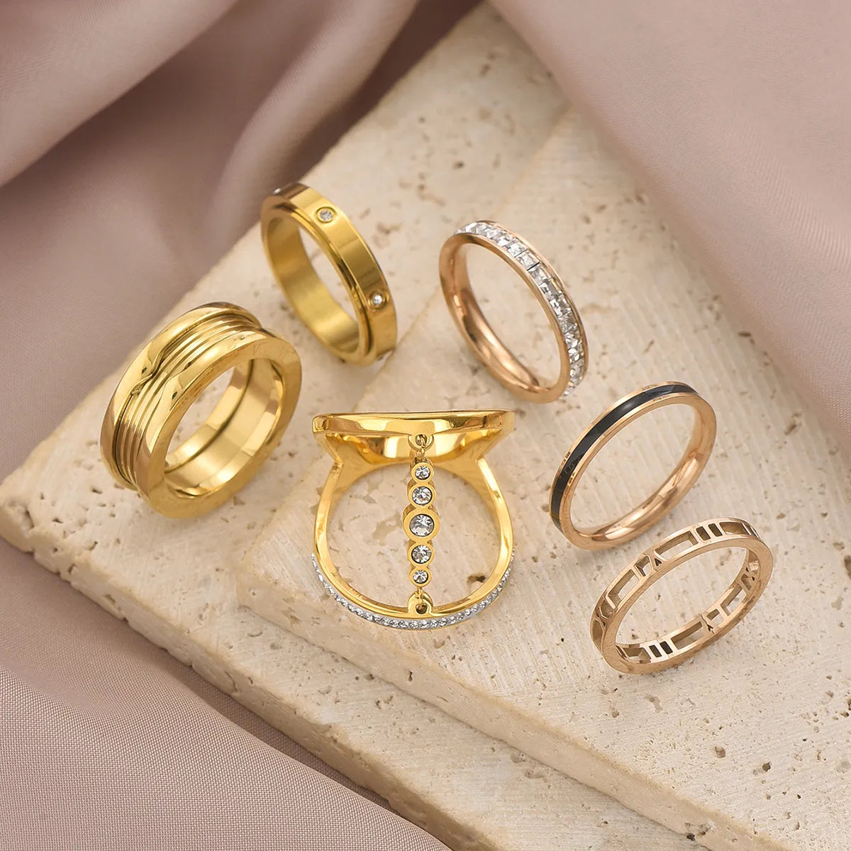 Ig Style Roman Style Shiny Solid Color Roman Numeral Stainless Steel Enamel Plating Inlay Zircon 14k Gold Plated Rose Gold Plated Rings