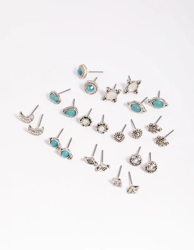 Handmade Beaded Earrings-Antique Silver Moon Stud Earring 12-Pack