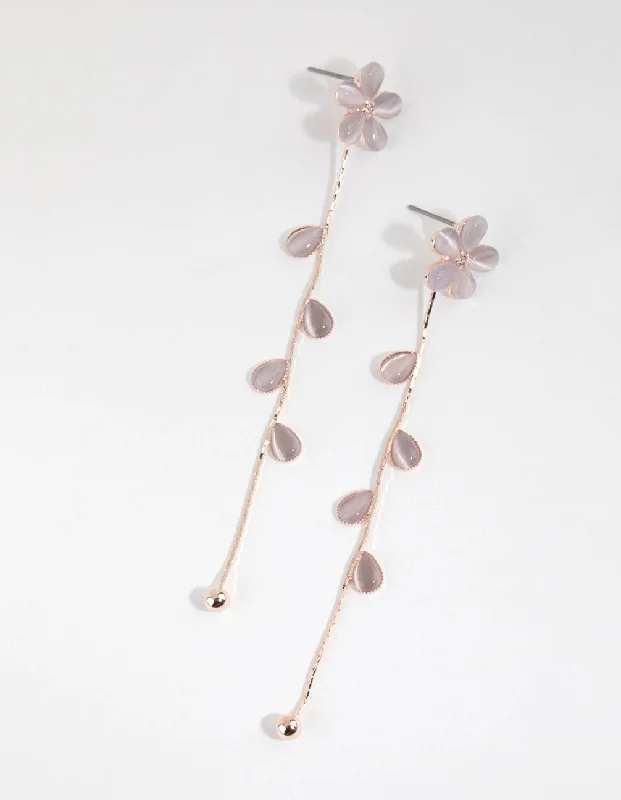 Silver Circle Earrings-Rose Gold Flower Vine Drop Earrings