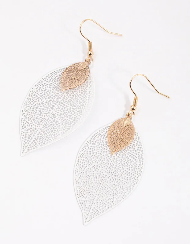 Heart-Shaped Stud Earrings-Gold Double Leaf Drop Earrings