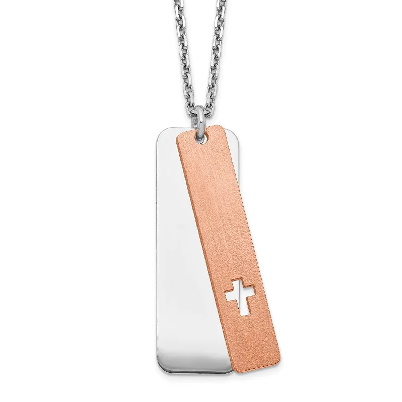 Elegant Diamond Necklace-Sterling Silver 18-inch Cross Dog Tag Two-Tone Necklace