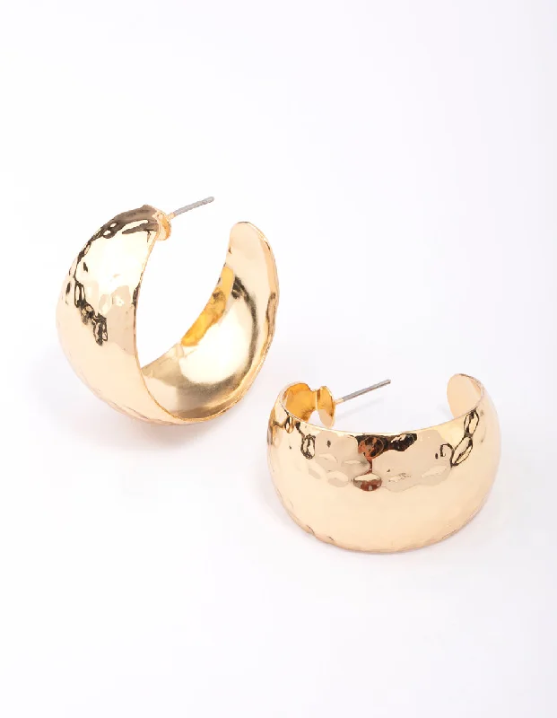 Embellished Drop Earrings-Gold Plated Wide Hammered Hoop Earrings