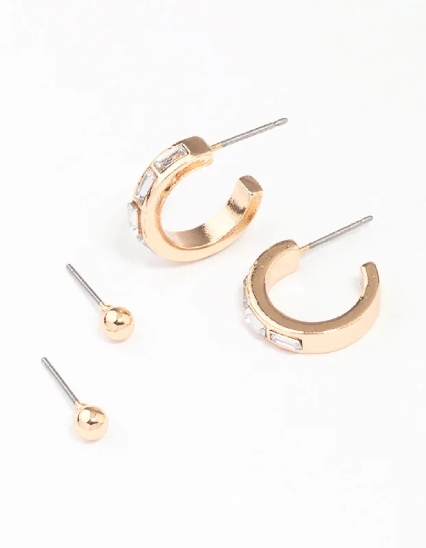 Artistic Earrings-Gold Rectangular Diamante Hoop & Stud Earring Pack