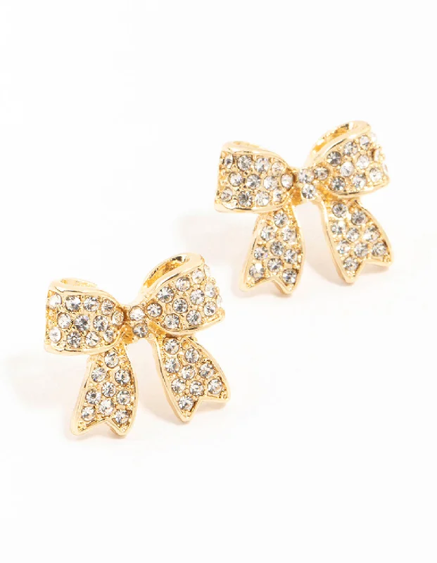 Elegant Gold Earrings-Gold Pave Diamante Bow Stud Earrings