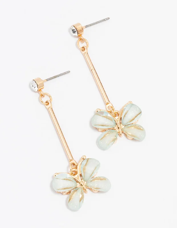 Silver Drop Earrings for Women-Gold Diamante Bar Butterfly Drop Earrings