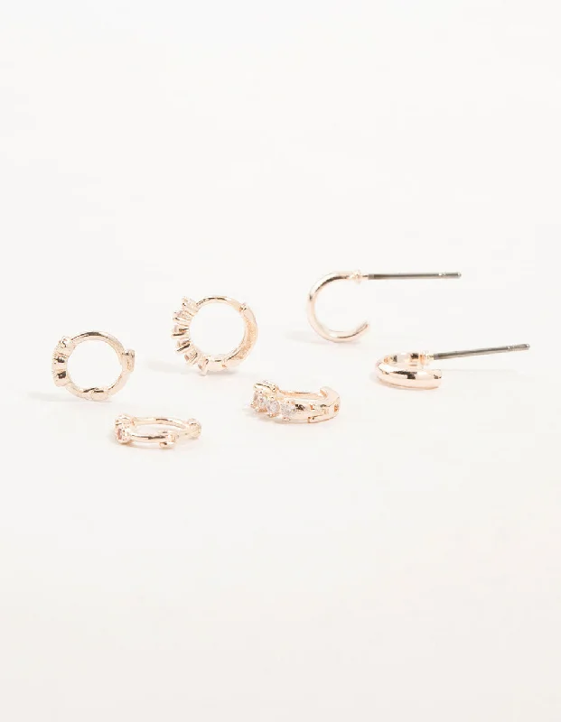 Chic Gold Stud Earrings-Rose Gold Mixed Diamante Huggie & Hoop Earrings 3-Pack