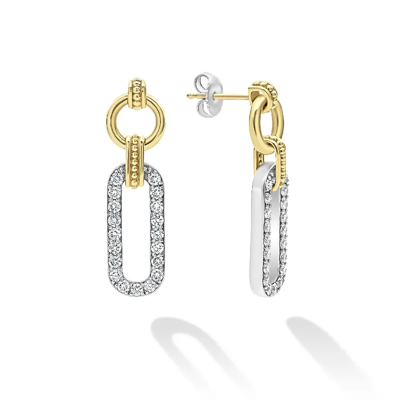 Dainty Pearl Earrings-Signature Caviar Two-Tone Link Diamond Drop Earrings