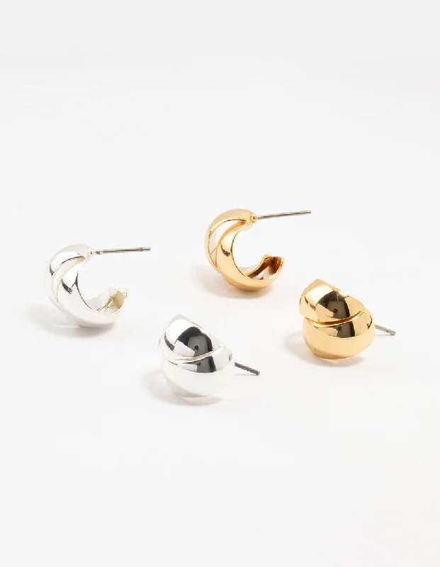 Multi-Colored Drop Earrings-Mixed Metals Silver & Gold Plated Ball & Hoop Stud Earrings 2-Pack