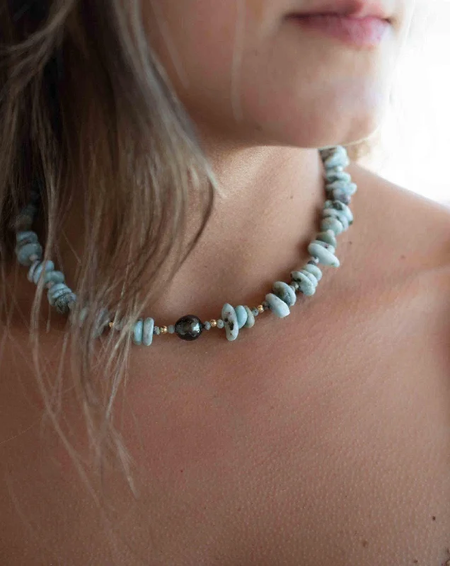 Cute Charm Necklace-Larimar & Tahitian Pearl Choker ~ Sterling Silver 925 or Gold Filled~ Choker ~ MN065