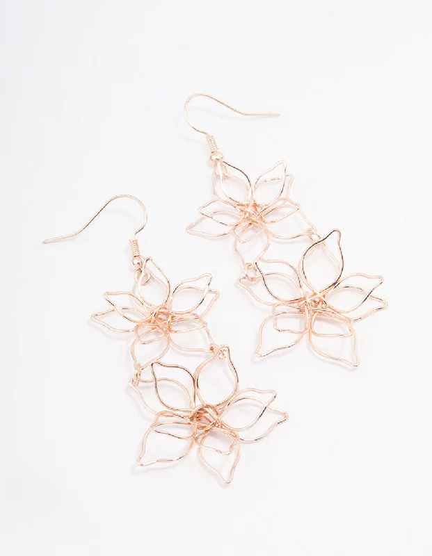 Tiny Stud Earrings-Rose Gold Double Wire Flower Drop Earrings