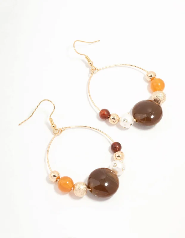 Ethnic Style Earrings-Brown Beaded & Pearl Acrylic Round Drop Earrings