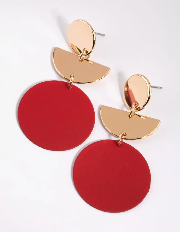 Long Dangle Earrings-Red Geometric Disc Drop Earrings