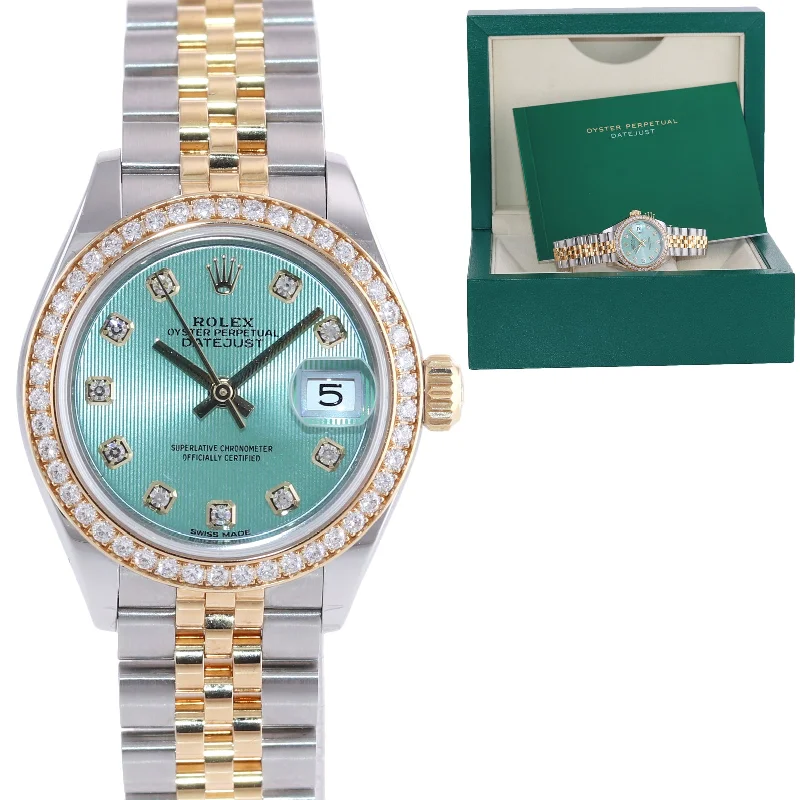 Waterproof Watch for Swimming-2020-2021 Rolex DateJust 28mm Green Diamond 279383 Gold Steel Jubilee Watch Box