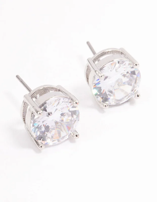 Heart-Shaped Stud Earrings-Silver Cubic Zirconia Round Statement Stud Earrings