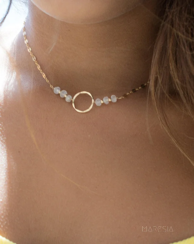 Long Bead Necklace-Circle Necklace Choker with moonstone ~ Gold Filled or Sterling Silver 925 ~ MN014