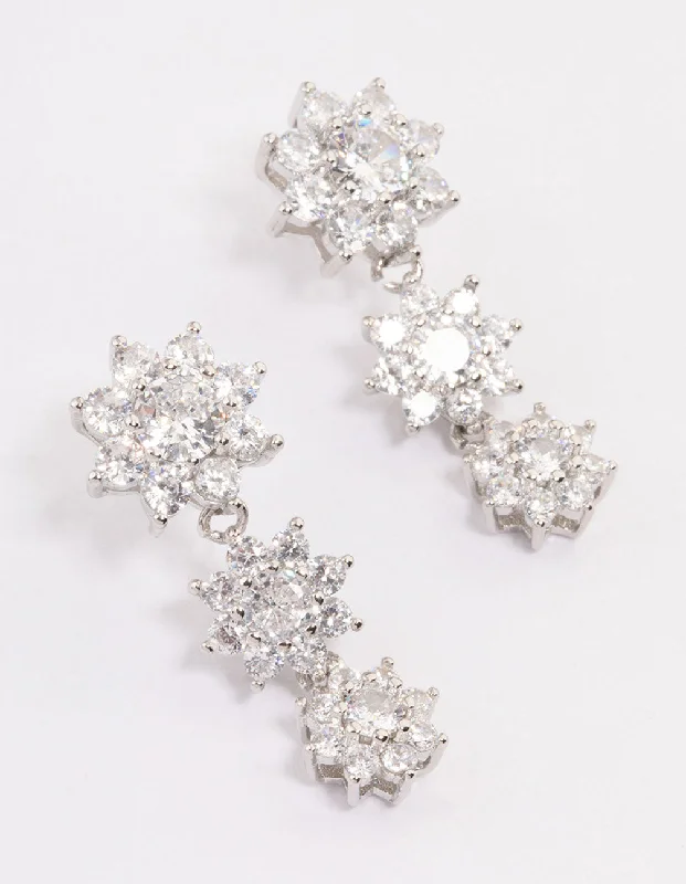 Clear Crystal Earrings-Silver Cubic Zirconia Drop Flower Earrings