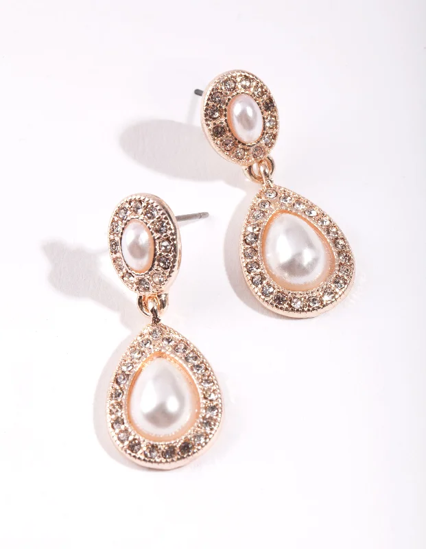 Triangular Drop Earrings-Rose Gold Mini Diamante & Pearl Double Teardrop Earrings