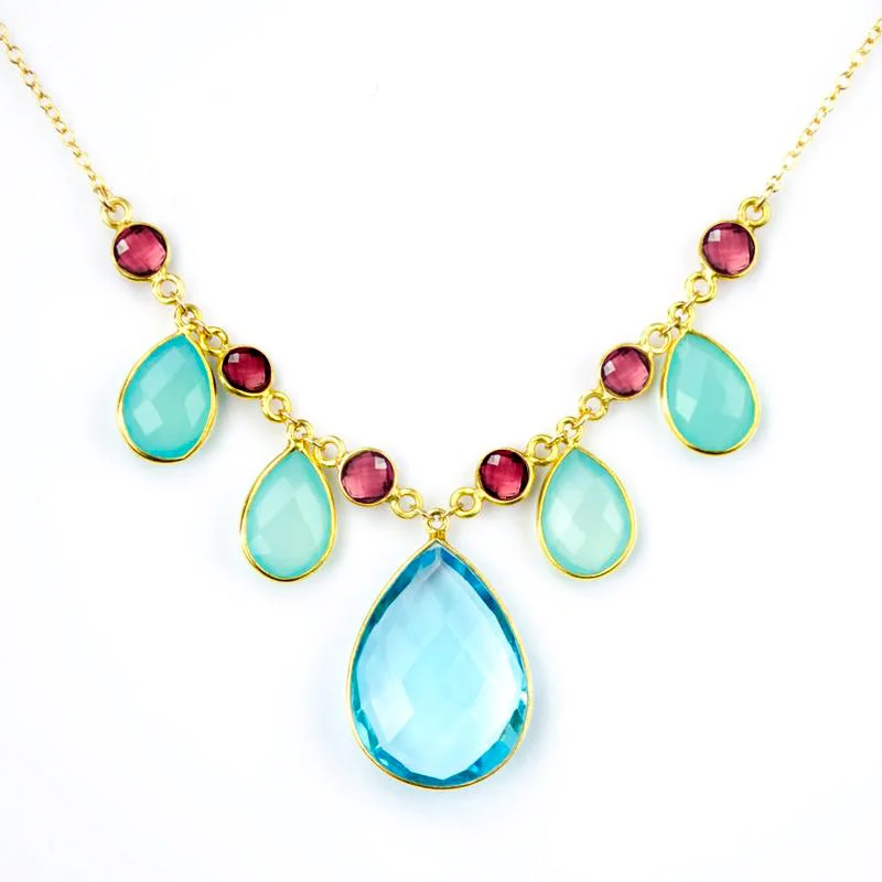 Chunky Chain Necklace-Large Birthstone Cluster Necklace with Blues, Aquamarines, and Reds