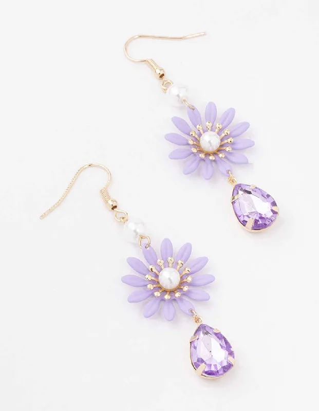 Oval Drop Earrings-Purple Flower Pearl Drop Earrings