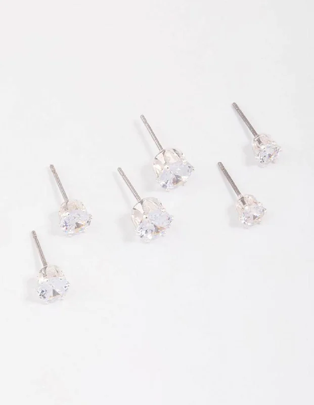 Luxury Silver Earrings-Silver Graduating Diamante Stud Earring 3-Pack