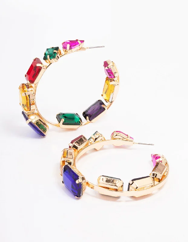 Sterling Silver Earrings-Gold Multi Stone Hoop Earrings