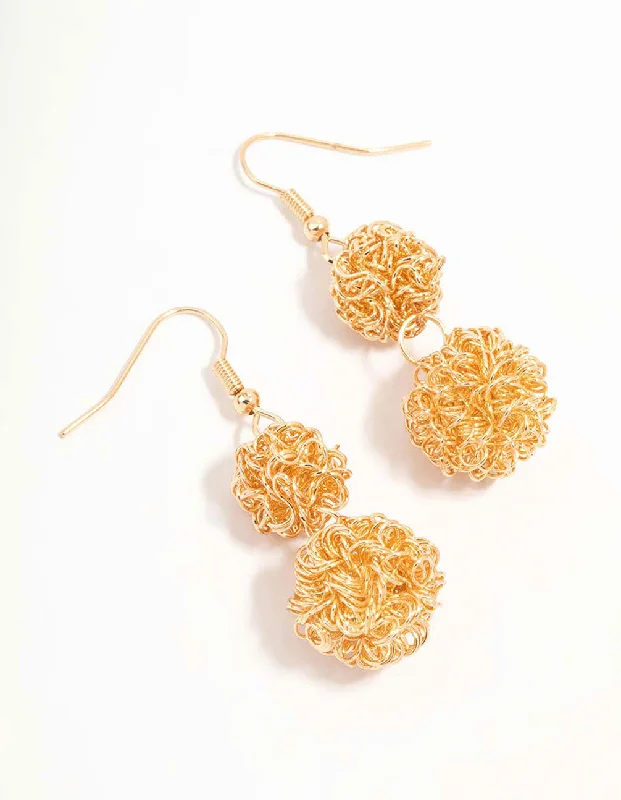 Metal Statement Earrings-Gold Double Wire Ball Drop Earrings