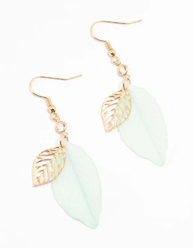 Silver Stud Earrings-Gold Filigree Green Acrylic Leaf Drop Earrings