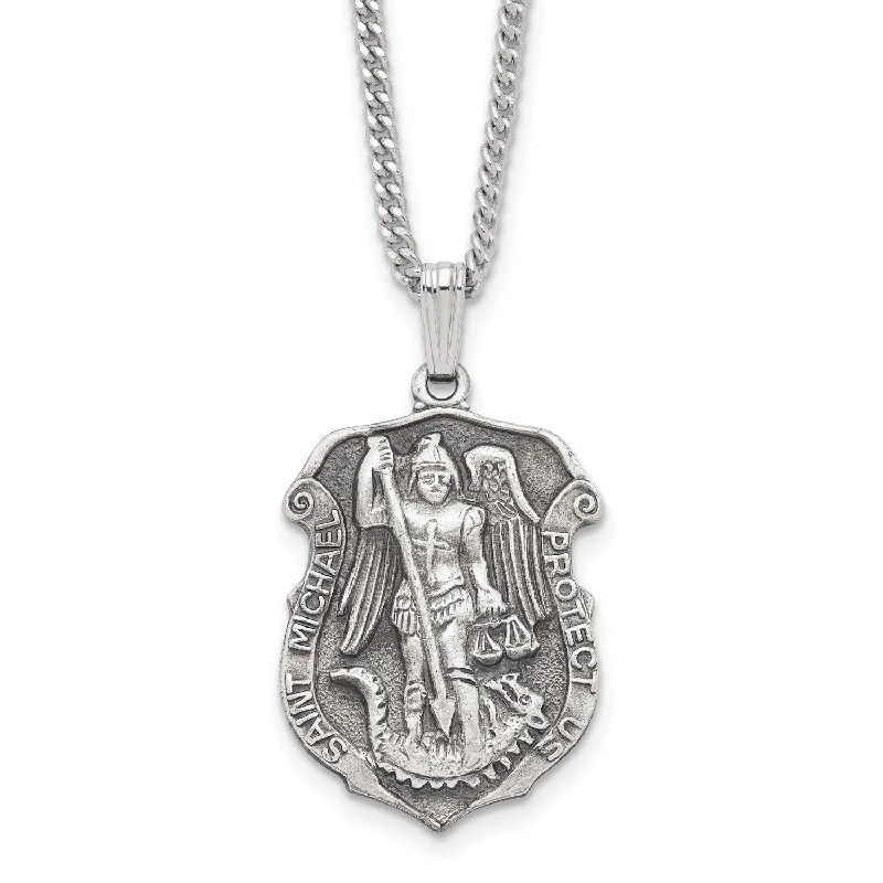 Bold Statement Necklace-24in Rhodium-plated Kelly Waters St. Michael Medal Necklace