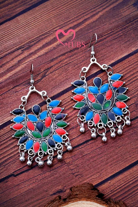 Big Statement Earrings-Colorful Oxidized Ghungroo Hook Earrings