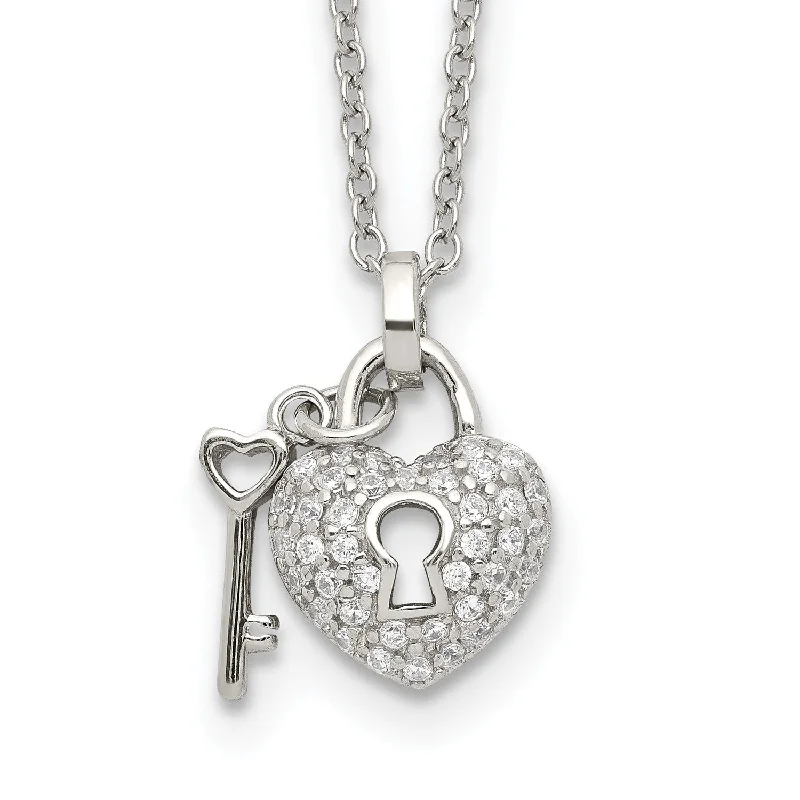 Long Gold Necklace-Sterling Silver Cubic Zirconia 16.5-inch Heart Lock and Key Necklace