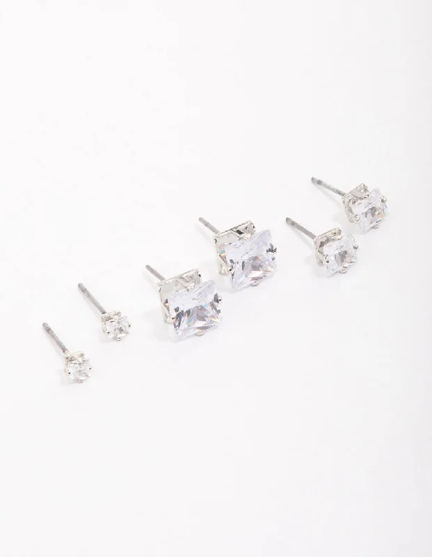 Silver Drop Earrings for Women-Silver Cubic Zirconia Square Graduated Earrings Pack