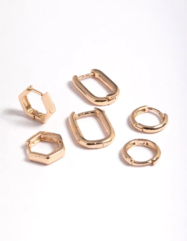 Rhinestone Earrings-Gold Mini Shaped Huggie Earrings Pack