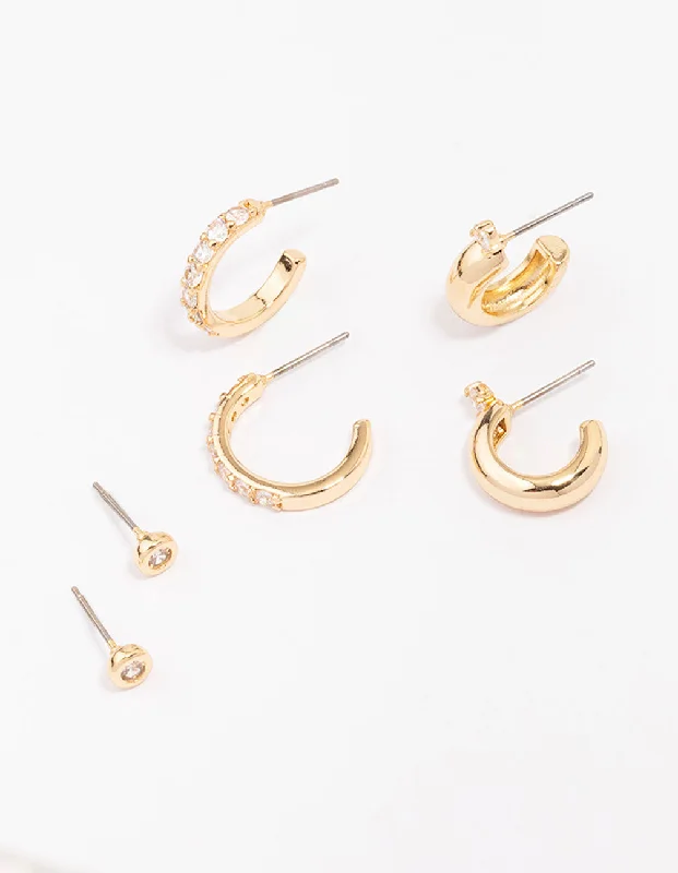 Gemstone Earrings-Gold Plated Cubic Zirconia Chunky Hoop Earring 3-Pack