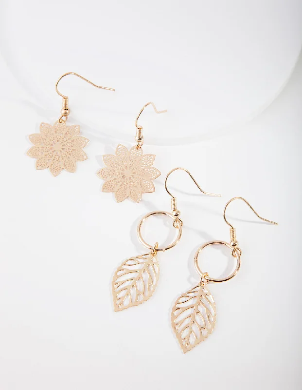 Fashion Hoop Earrings-Gold Leaf Layered Earrings