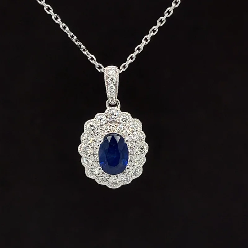 Minimalist Silver Necklace for Women-Vintage Oval Sapphire & Diamond Double Halo Wreath Necklace in 18k White Gold - (#342-176 - PDSAP046036)