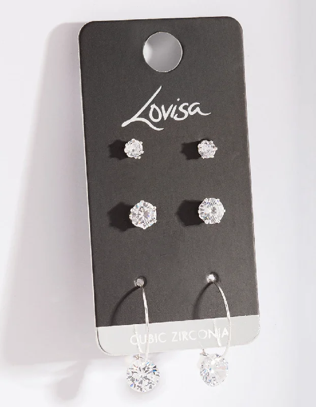 Natural Stone Earrings-Silver Cubic Zirconia Stud & Hoop Diamante Earring Pack