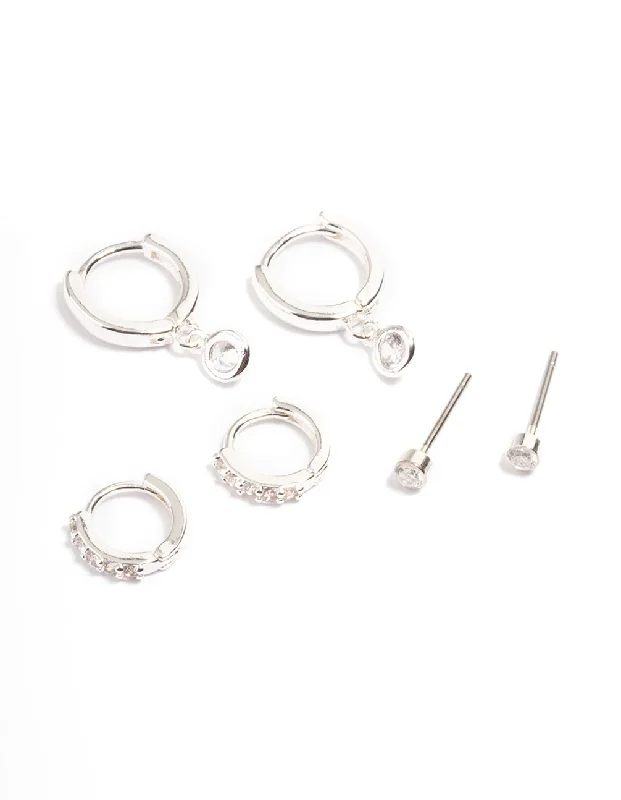 Luxury Pearl Earrings-Silver Clear Stud & Huggies Pack