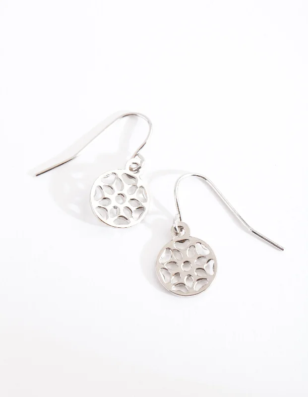 Crystal Dangle Earrings-Silver Filigree Disc Drop Earrings