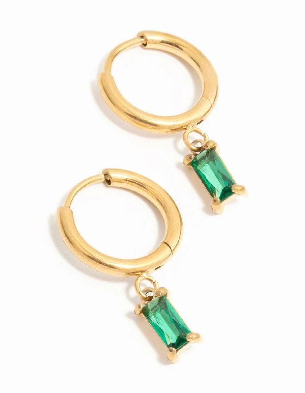 Textured Gold Earrings-Waterproof Gold Plated Stainless Steel Green Baguette Huggie Earrings