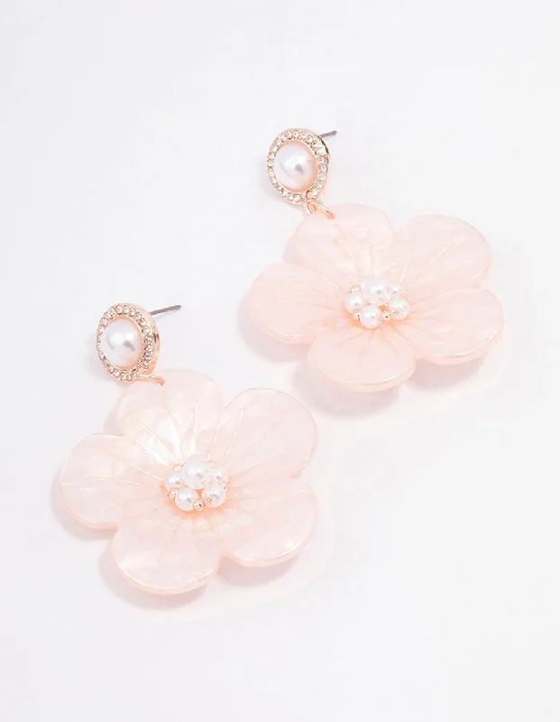 Bold Statement Earrings-Rose Gold Acrylic Flower Pearl Drop Earrings