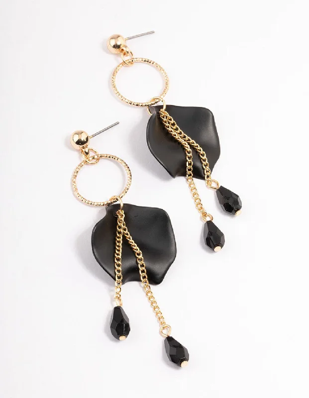 Gold Stud Earrings-Black Circle Petal Facet Drop Earrings