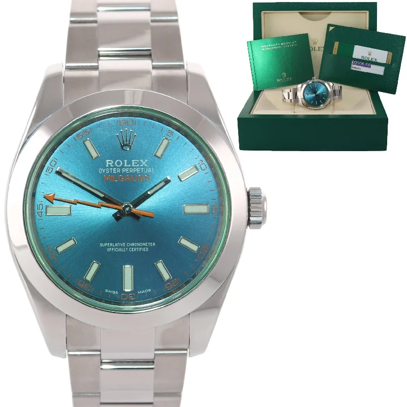 Custom Men's Chronograph Watch-2017 PAPERS Rolex Milgauss Blue Dial Anniversary Green 116400GV Steel Watch Box