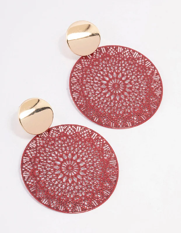 Elegant Drop Stud Earrings-Red Mixed Disc Filigree Drop Earrings