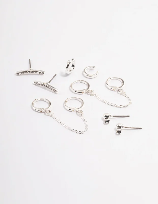 Simple Silver Drop Earrings-Silver Diamante Huggie Chain Earrings 5-Pack