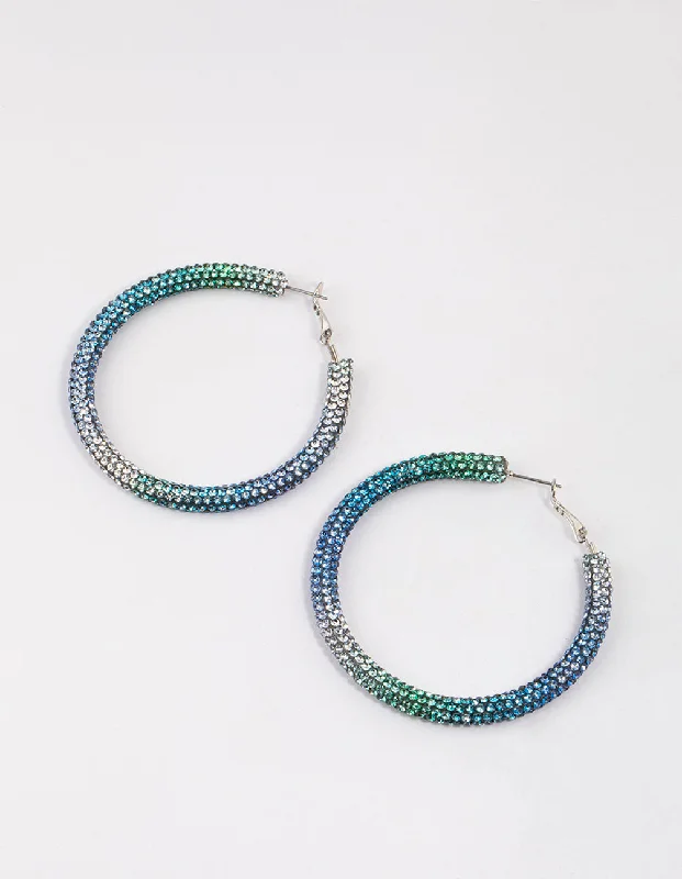 Gemstone Earrings-Silver Blue Jet Crusted Hoop Earrings