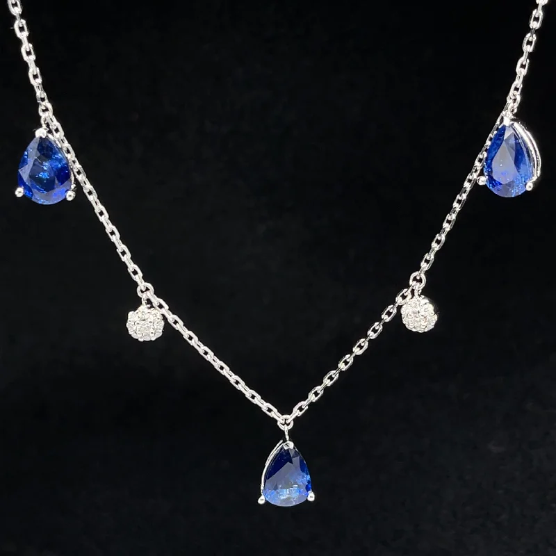 Geometric Pendant Necklace-Sapphire & Diamond Icicle Drop Station Necklace in 18k White Gold - (#113-NLSAP014234)