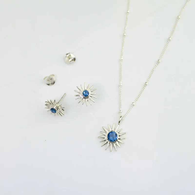 Cute Silver Heart Necklace-Sun Burst Necklace and Stud Earring Set, Sunshine Birthstone Jewelry Set